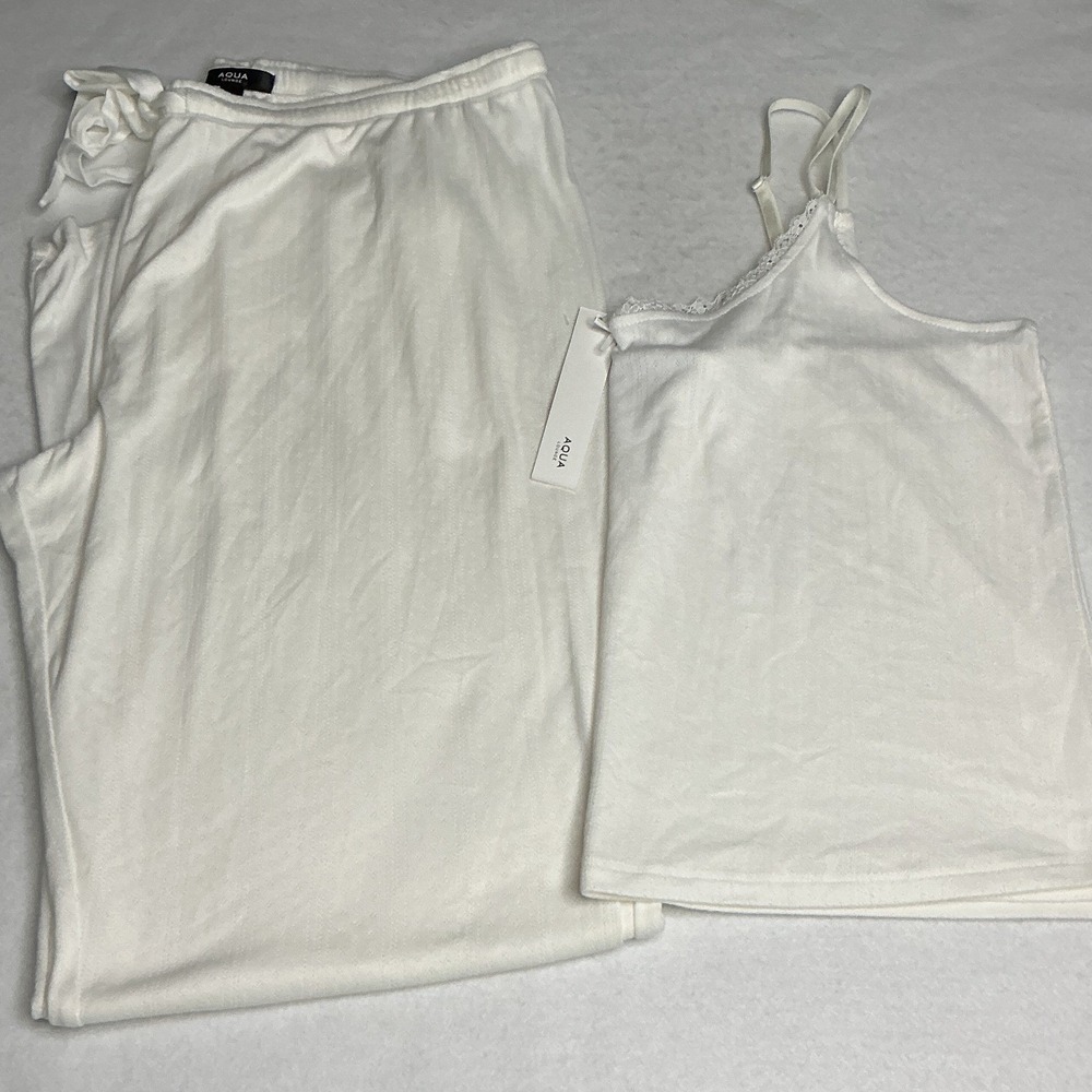 AQUA Lounge Cami Tank Top Pajama Set Off-White Pointelle Lace Trim Women X-Large